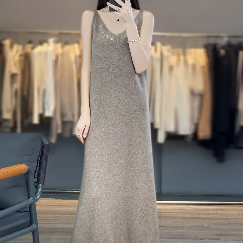 Autumn and Winter New 100% Pure Wool Fashion Versatile Cardigan Hanging Dress Set Large Women's Sweater 2024