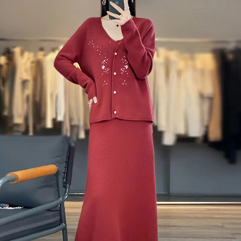 Autumn and Winter New 100% Pure Wool Fashion Versatile Cardigan Hanging Dress Set Large Women's Sweater 2024 Red