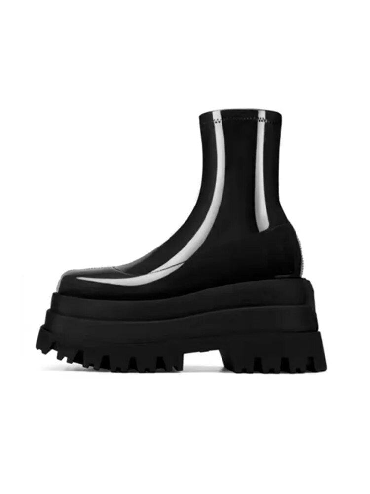 Autumn and Winter New Thick-soled Heightened Women's Boots Waterproof Platform High-heeled Short Boots Fashion Boots black patent leather