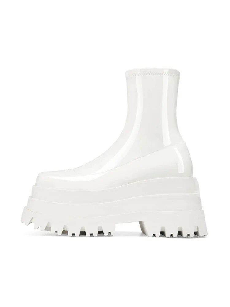 Autumn and Winter New Thick-soled Heightened Women's Boots Waterproof Platform High-heeled Short Boots Fashion Boots white patent leather