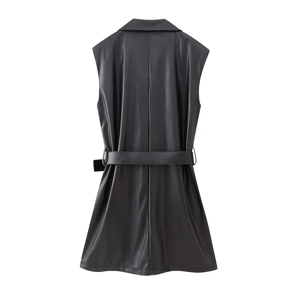 Autumn and Winter Women's Casual Slim Classic Belt Faux Leather Sleeveless Tank Top Dress