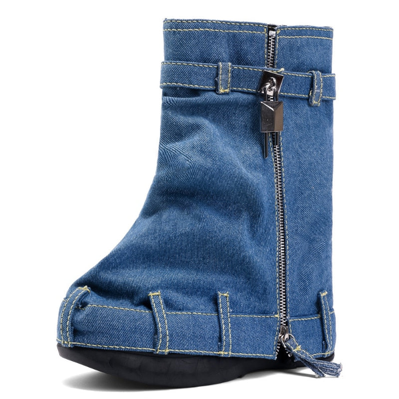 Autumn and Winter Women's New Denim Mid Length Boots Women's Lock Button Trouser Sleeve Thick Sole High Heel Short Boots Women