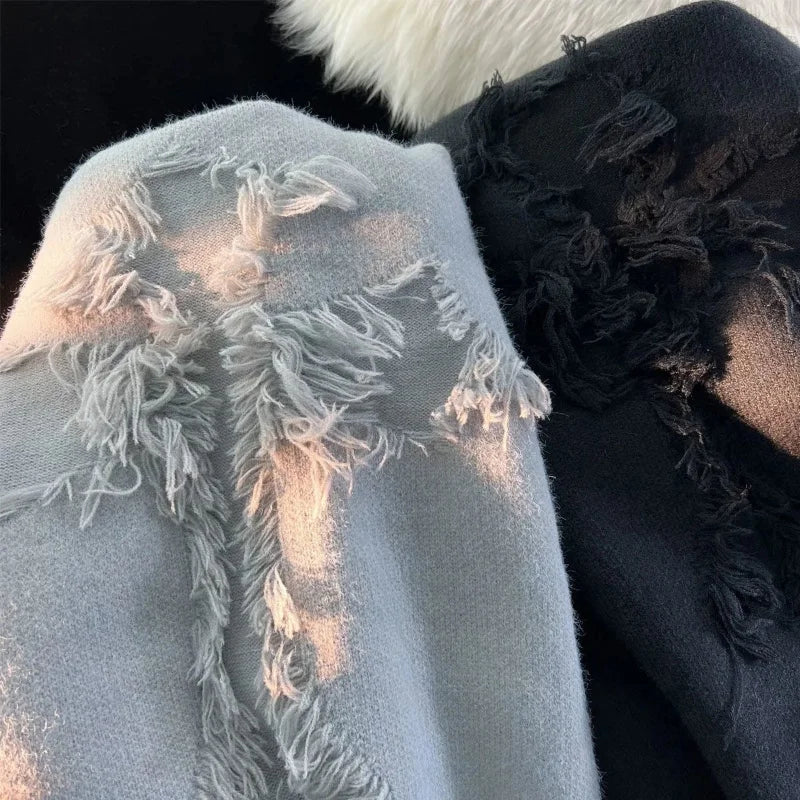 Autumn and y2k Streetwear Men New Retro Hole Fringed Sweater Loose Versatile Sweater For Men And Women Long Sleeve Sweater