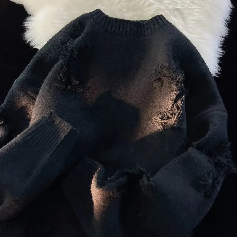 Autumn and y2k Streetwear Men New Retro Hole Fringed Sweater Loose Versatile Sweater For Men And Women Long Sleeve Sweater C02