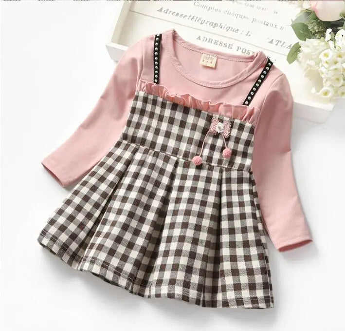 Autumn baby girls rivet plaid long-sleeved dresses Toddler fake two pcs lace princess dresses pink