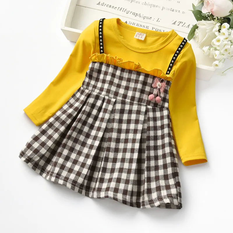 Autumn baby girls rivet plaid long-sleeved dresses Toddler fake two pcs lace princess dresses yellow