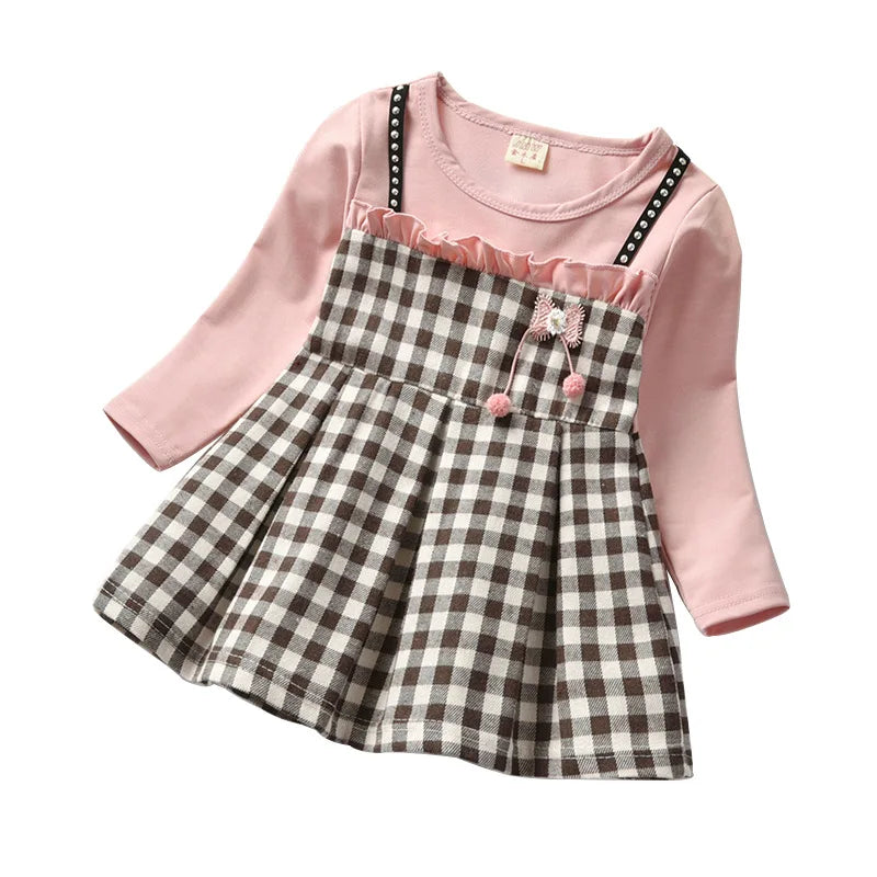 Autumn baby girls rivet plaid long-sleeved dresses Toddler fake two pcs lace princess dresses