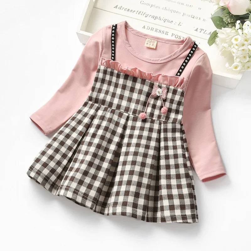 Autumn baby girls rivet plaid long-sleeved dresses Toddler fake two pcs lace princess dresses