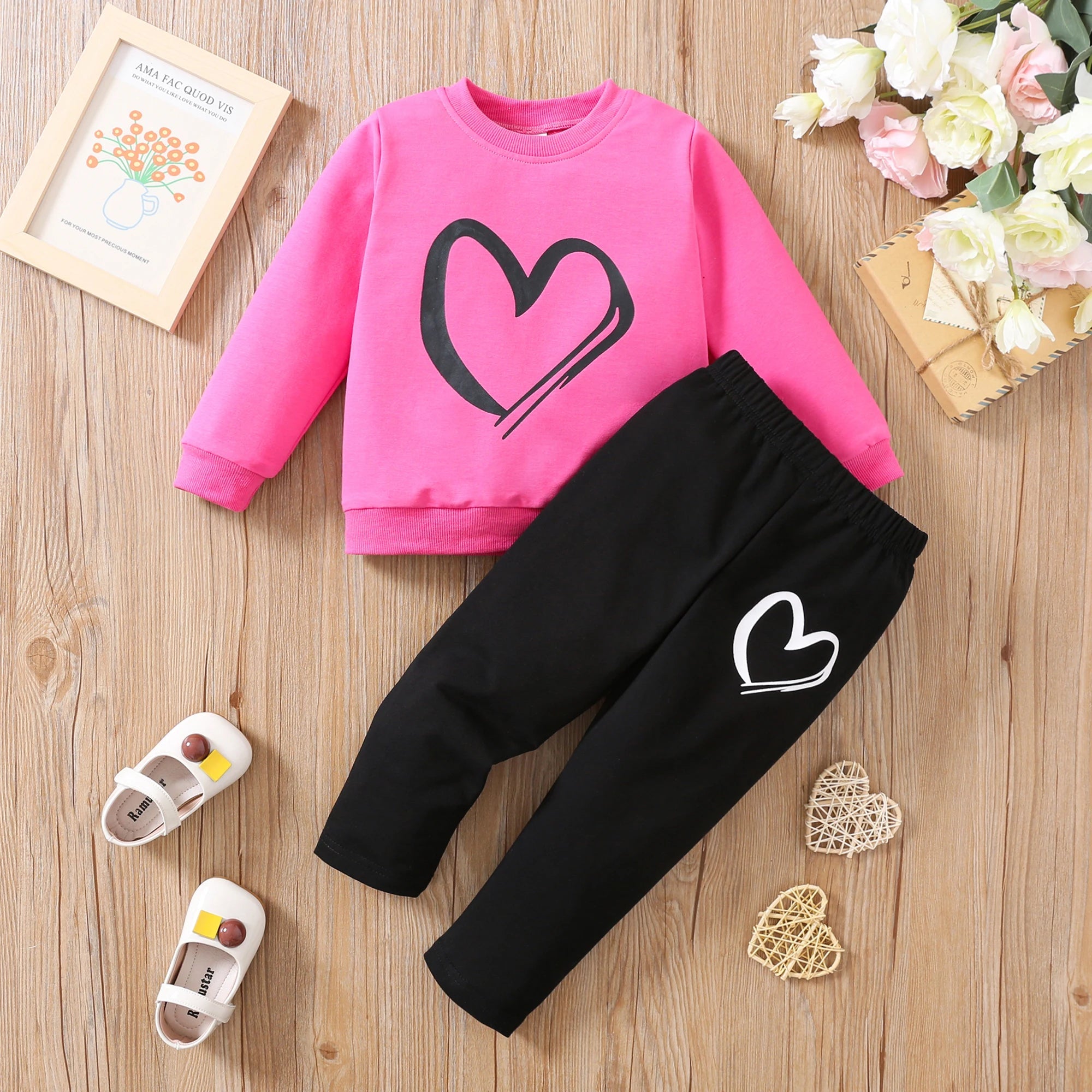 Autumn girls long-sleeved love printed blouse + trousers cotton baby Valentine's day pullover kids fashion casual clothing rose red