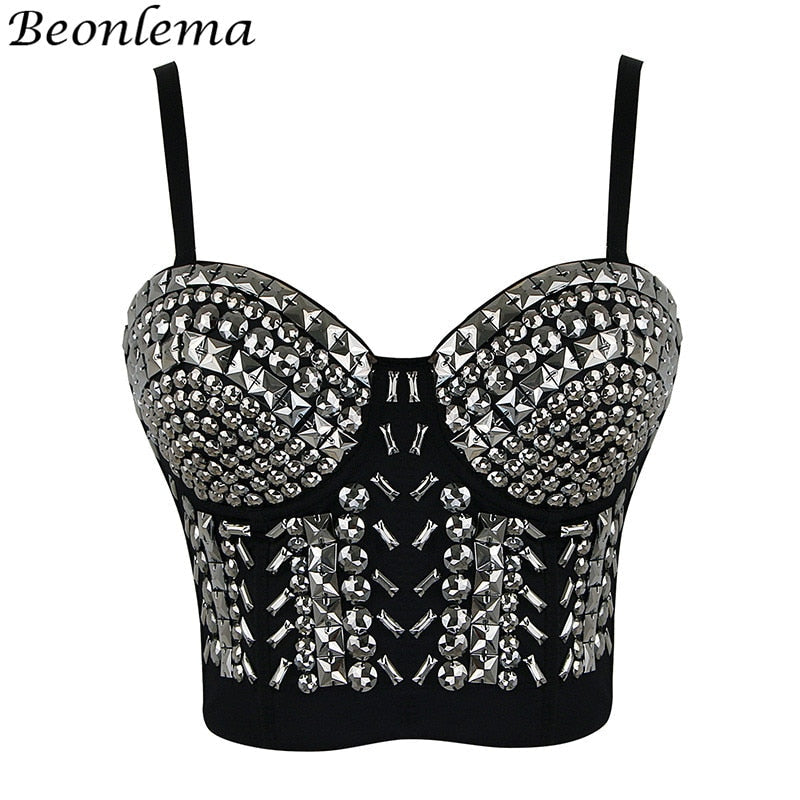 BEONLEMA Steampunk Corset Sexy Gold Silver Spike Bra Punk Goth Lenceria Shiny Bra Top 4 Rows Hooks Eyes for Women Club Wear