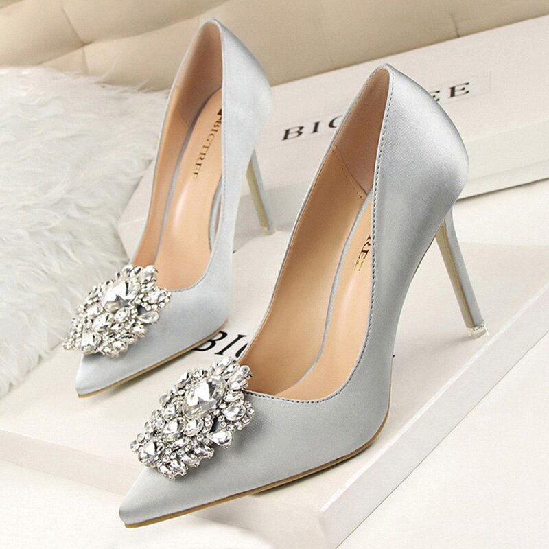 BIGTREE Shoes Rhinestone Women Pumps Stiletto Women Shoes Sexy High Heels Wedding Shoes Luxurious Women Heels Party Shoes Female sliver