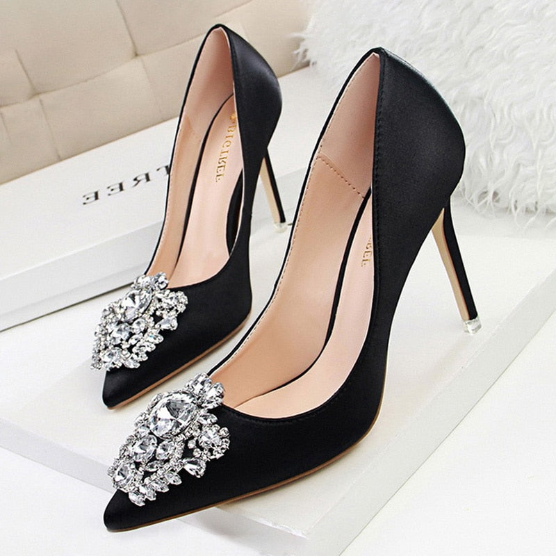 BIGTREE Shoes Rhinestone Women Pumps Stiletto Women Shoes Sexy High Heels Wedding Shoes Luxurious Women Heels Party Shoes Female black