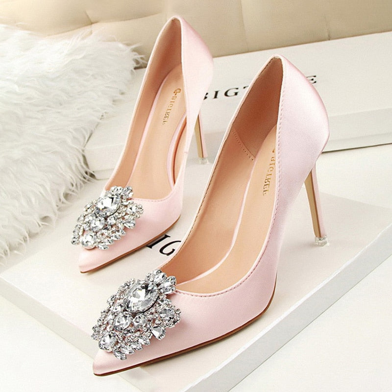 BIGTREE Shoes Rhinestone Women Pumps Stiletto Women Shoes Sexy High Heels Wedding Shoes Luxurious Women Heels Party Shoes Female pink