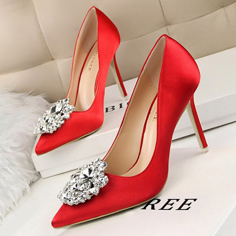 BIGTREE Shoes Rhinestone Women Pumps Stiletto Women Shoes Sexy High Heels Wedding Shoes Luxurious Women Heels Party Shoes Female red