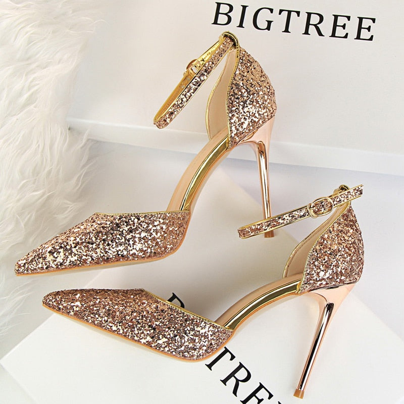 BIGTREE Shoes Sexy High Heels Women Pumps Sparkle Sequins Stiletto Heels 10 Cm Party Shoes Women Heels Summer Women Sandals New 283-1champagne9.5cm