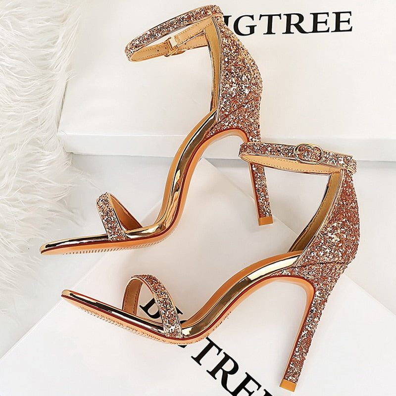 BIGTREE Shoes Sexy High Heels Women Pumps Sparkle Sequins Stiletto Heels 10 Cm Party Shoes Women Heels Summer Women Sandals New Champagne