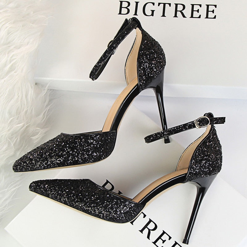 BIGTREE Shoes Sexy High Heels Women Pumps Sparkle Sequins Stiletto Heels 10 Cm Party Shoes Women Heels Summer Women Sandals New 283-1-black9.5cm