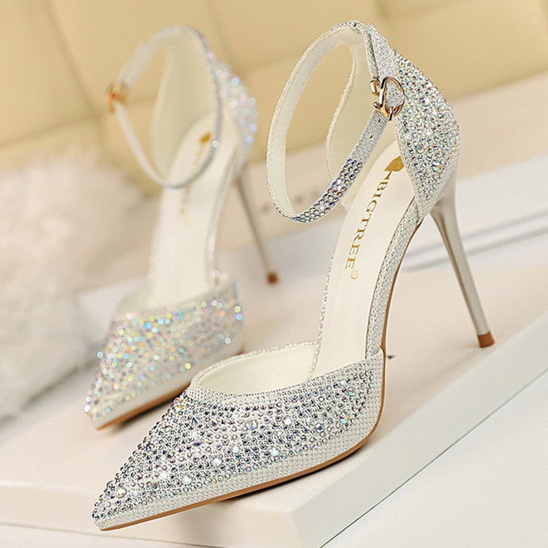 BIGTREE Shoes Shiny Rhinestones High Heels Ladies Shoes Women Pumps Stiletto Sweet Women Heels Wedding Shoes Women Sandals 10 Cm white