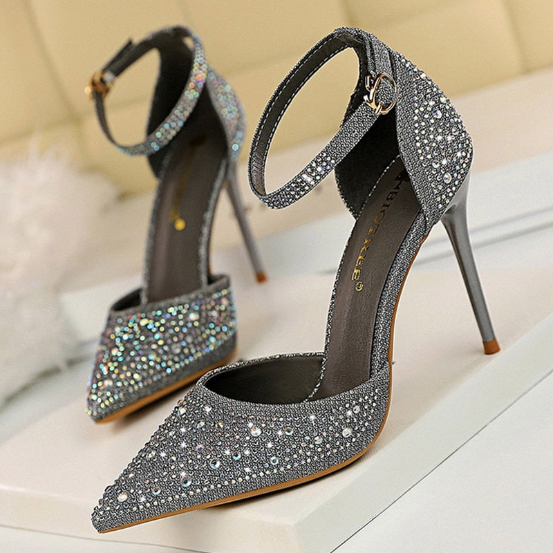 BIGTREE Shoes Shiny Rhinestones High Heels Ladies Shoes Women Pumps Stiletto Sweet Women Heels Wedding Shoes Women Sandals 10 Cm gray