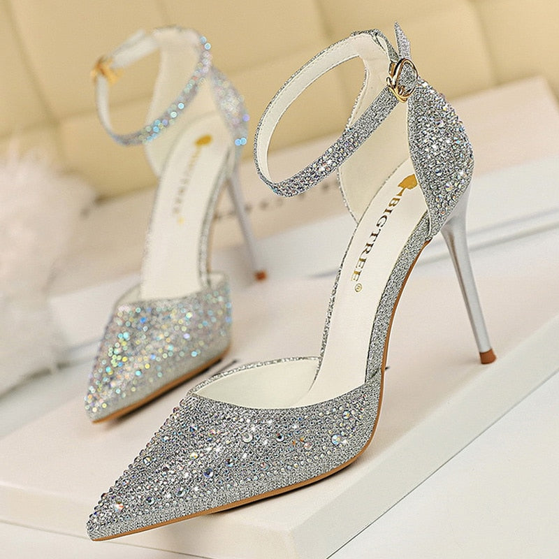 BIGTREE Shoes Shiny Rhinestones High Heels Ladies Shoes Women Pumps Stiletto Sweet Women Heels Wedding Shoes Women Sandals 10 Cm sliver