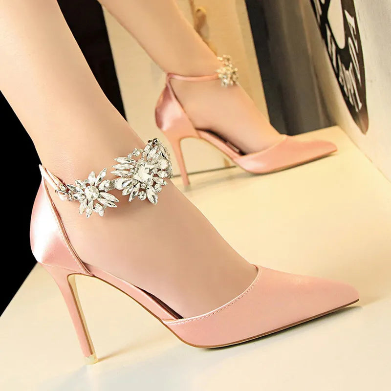 BIGTREE Shoes Women High Heels Rhinestone Woman Pumps Stiletto Silk Satin Women Heels Shoes Ladies Wedding Shoes Women Sandals pink