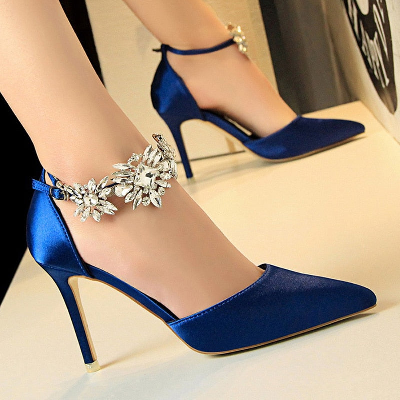 BIGTREE Shoes Women High Heels Rhinestone Woman Pumps Stiletto Silk Satin Women Heels Shoes Ladies Wedding Shoes Women Sandals blue