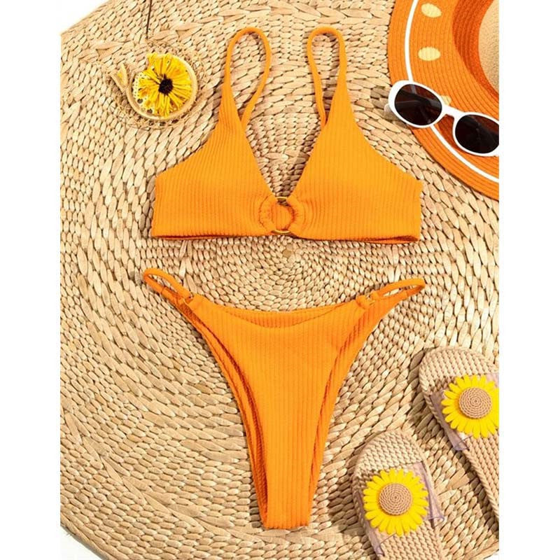 BIKINI Style Lns Solid Color Swimsuit Orange