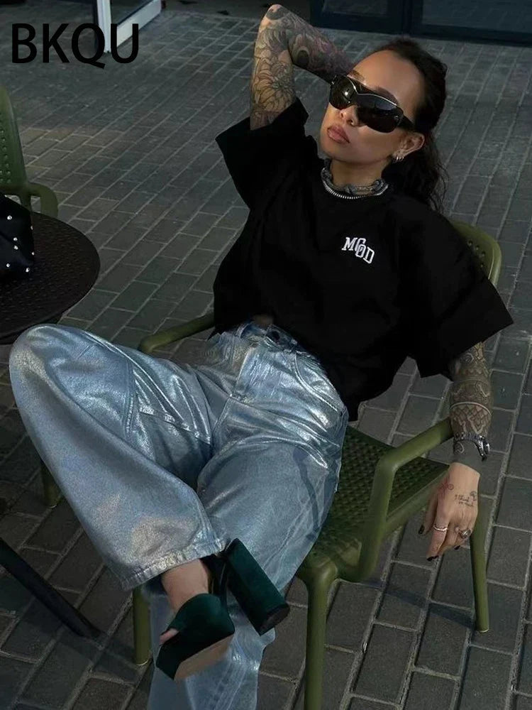 BKQU American Silver High Waist Wide Leg Jeans For Women Summer Chic Metallic Shiny Straight Baggy Denim Pants All-match Trouser Light blue