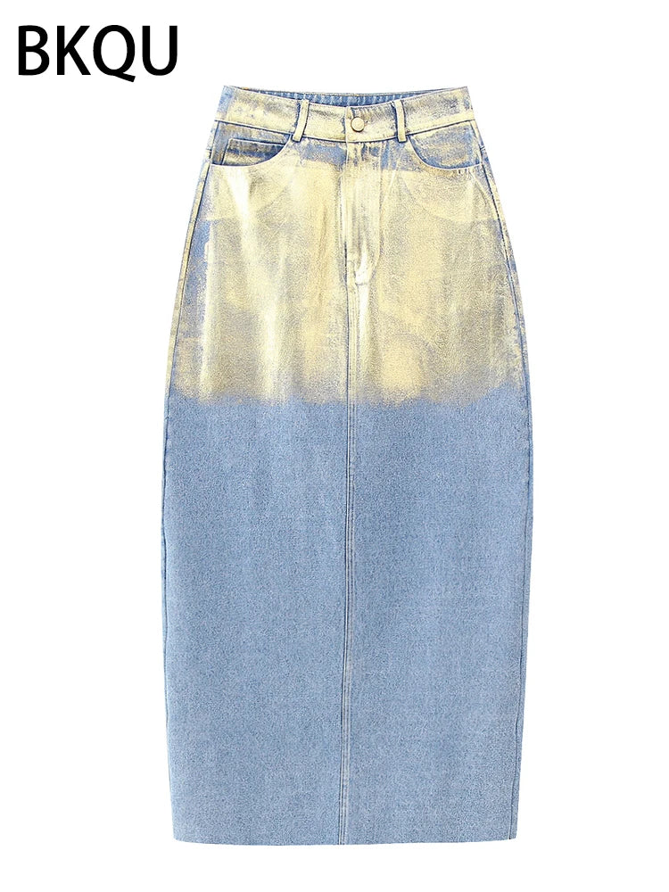 BKQU Elegant Split Straight Denim Skirts Women 2023 Fashion High Waist Office Ladies Long Skirt Basic Contrast Color Maxi Skirts Skirts