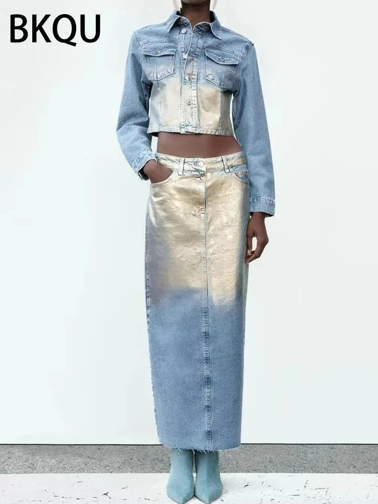 BKQU Elegant Split Straight Denim Skirts Women 2023 Fashion High Waist Office Ladies Long Skirt Basic Contrast Color Maxi Skirts