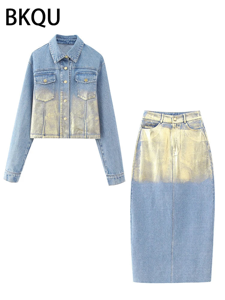 BKQU Elegant Split Straight Denim Skirts Women 2023 Fashion High Waist Office Ladies Long Skirt Basic Contrast Color Maxi Skirts