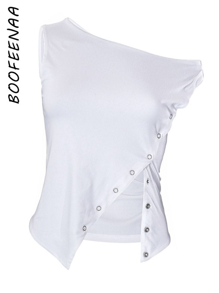 BOOFEENAA Asymmetrical Sleeveless T Shirt Button Split One Shoulder Cropped Tank Tops Womens Clothing Summer 2024 C85-CZ14