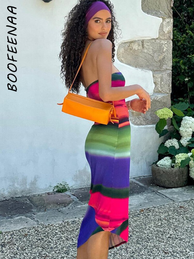 BOOFEENAA Multicolor Print Tube Top Dresses for Women Elegant Sexy Vacation Outfits Irregular Hem Midi Dress Fall 2024 C15-BF20
