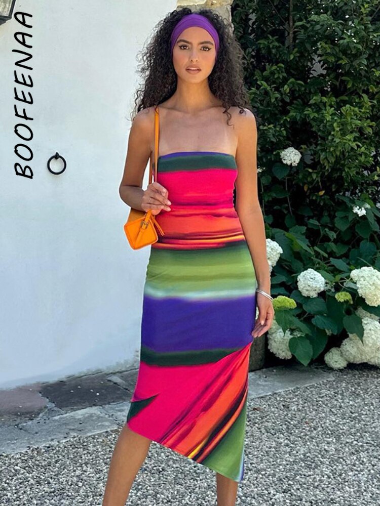 BOOFEENAA Multicolor Print Tube Top Dresses for Women Elegant Sexy Vacation Outfits Irregular Hem Midi Dress Fall 2024 C15-BF20