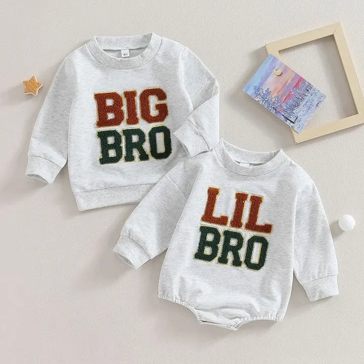 Baby Boutique Boy Cotton Long T-shirt Set French Knot White Romper And sleeve Clothes Baby Lil Big Brother French Knot Jumpsuit