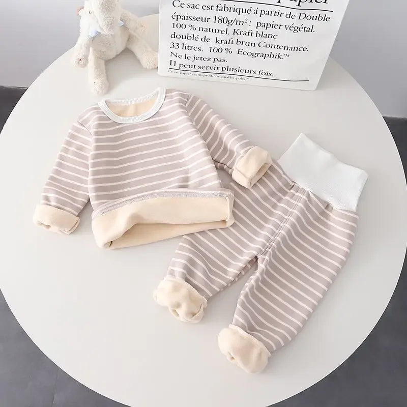 Baby Warm Clothes Suit Home Wear Padded High Waist Belly Protection Pajamas Baby Boys Autumn Clothes Thin Velvet Girls Light gray Set