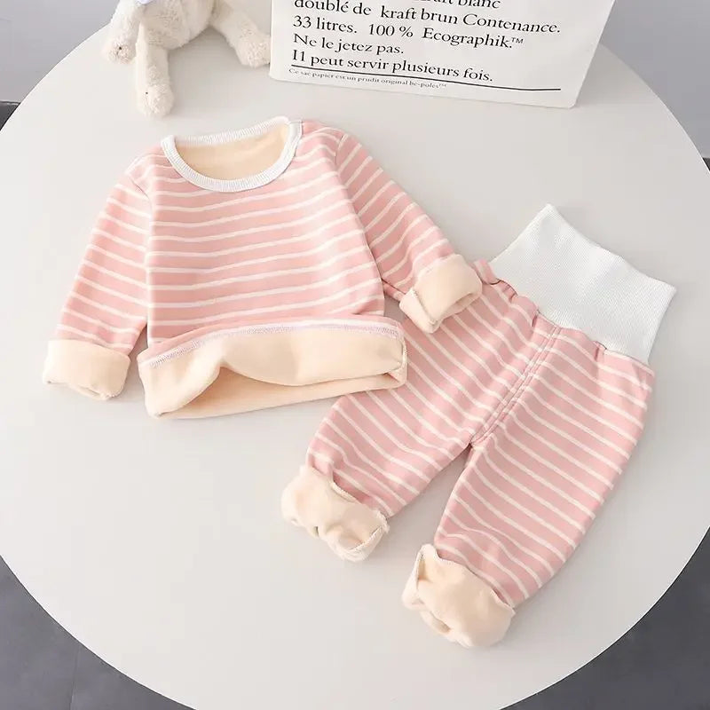 Baby Warm Clothes Suit Home Wear Padded High Waist Belly Protection Pajamas Baby Boys Autumn Clothes Thin Velvet Girls Pink Set