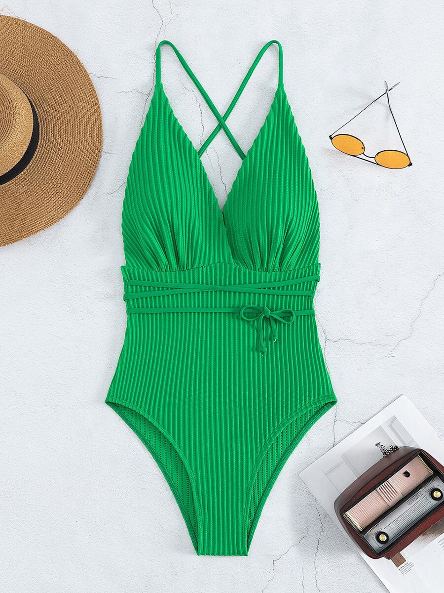 Bandage Deep V One Piece Swimsuit - Swimwear Female Sexy Summer Beach Wear Swimming for Women Bathing Suit Monokini
