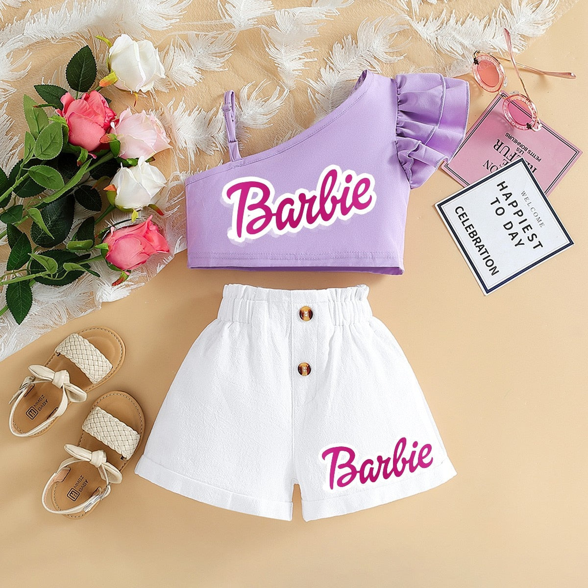 Barbie Children Clothing Kawaii Soft Summer Suit Y2K Girls Slanted Shoulders Suspender Top Shorts All Match Loose Short Sleeve 20 140cm