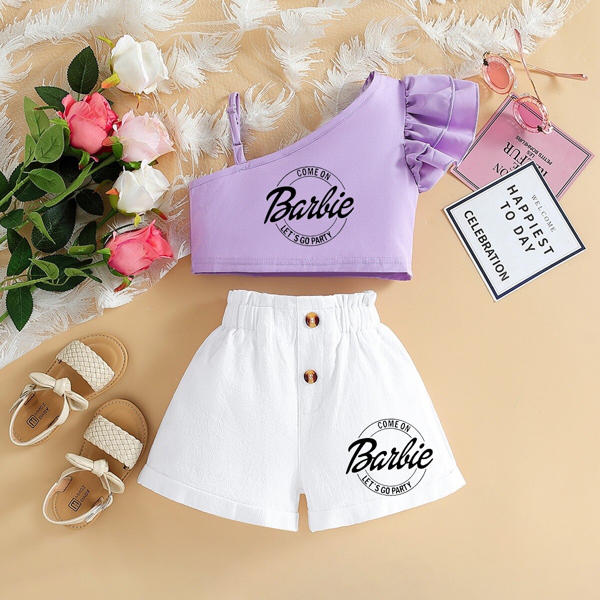 Barbie Children Clothing Kawaii Soft Summer Suit Y2K Girls Slanted Shoulders Suspender Top Shorts All Match Loose Short Sleeve 1