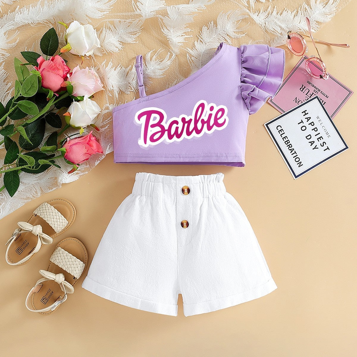 Barbie Children Clothing Kawaii Soft Summer Suit Y2K Girls Slanted Shoulders Suspender Top Shorts All Match Loose Short Sleeve 10