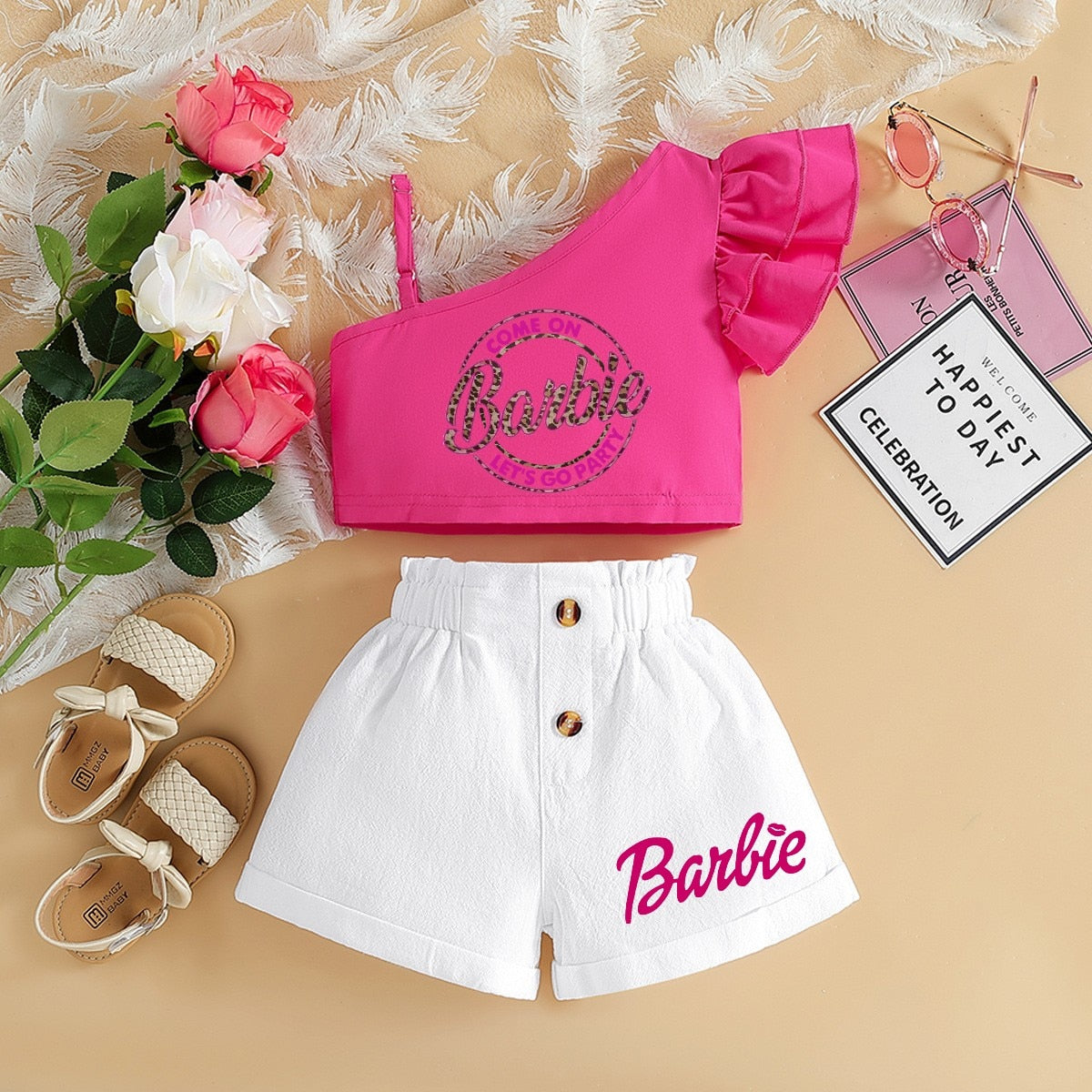 Barbie Children Clothing Kawaii Soft Summer Suit Y2K Girls Slanted Shoulders Suspender Top Shorts All Match Loose Short Sleeve 14