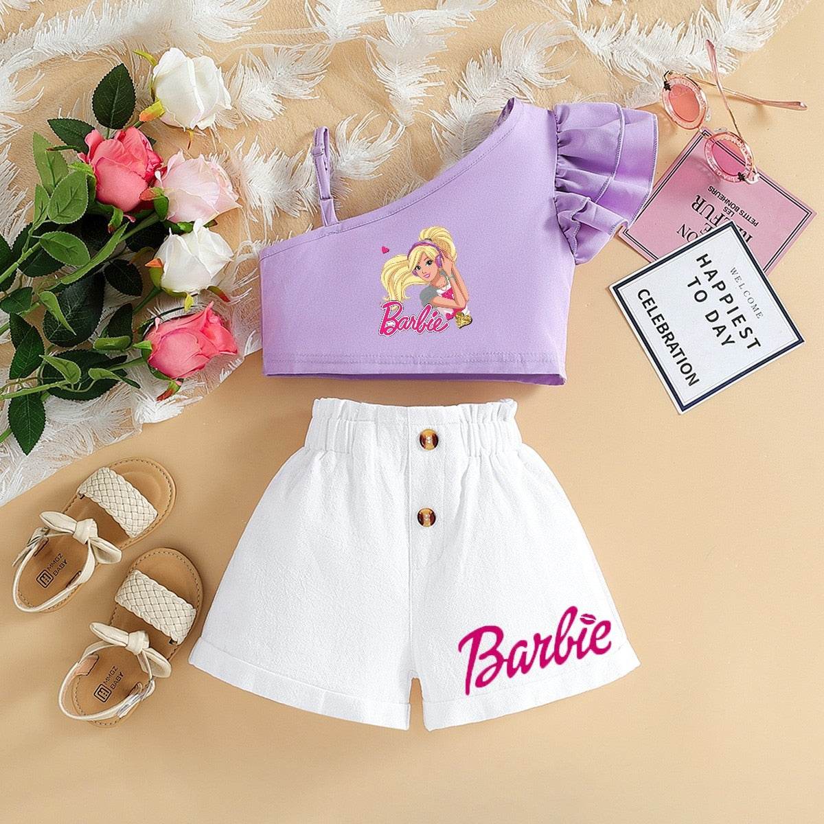Barbie Children Clothing Kawaii Soft Summer Suit Y2K Girls Slanted Shoulders Suspender Top Shorts All Match Loose Short Sleeve 19