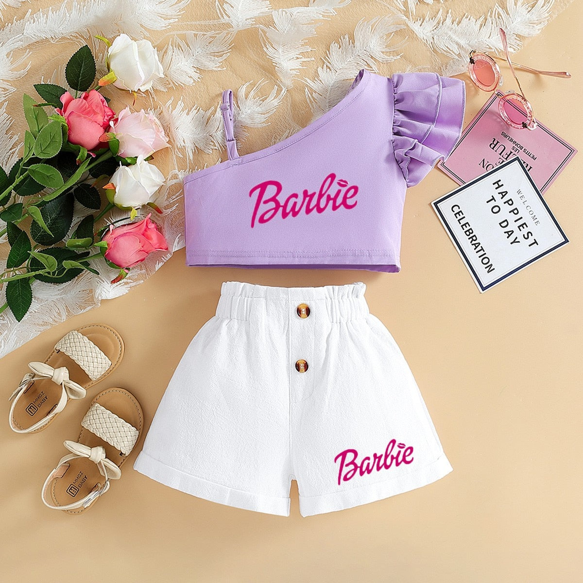 Barbie Children Clothing Kawaii Soft Summer Suit Y2K Girls Slanted Shoulders Suspender Top Shorts All Match Loose Short Sleeve 2