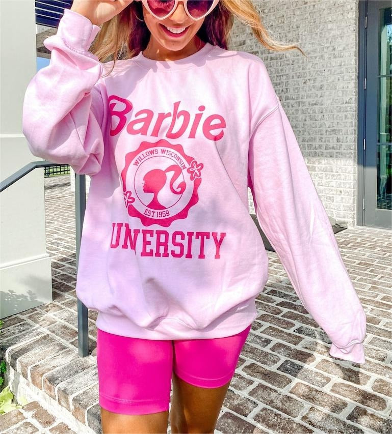 Barbie English Hoodie Fashion Ladies Soft Loose Round Neck Sweater Y2K Girls All Match Long Sleeve Tops Coat Sweatshirt Gifts pink