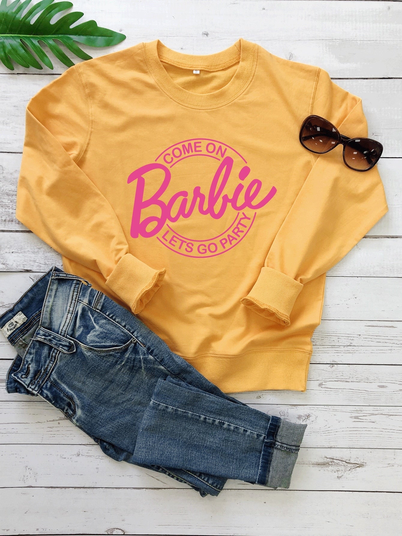 Barbie English Letter Printing Pattern Hoodie Fashion Couple Round Neck Sweater Loose Soft All Match Long Sleeves Tops Gofts yellow