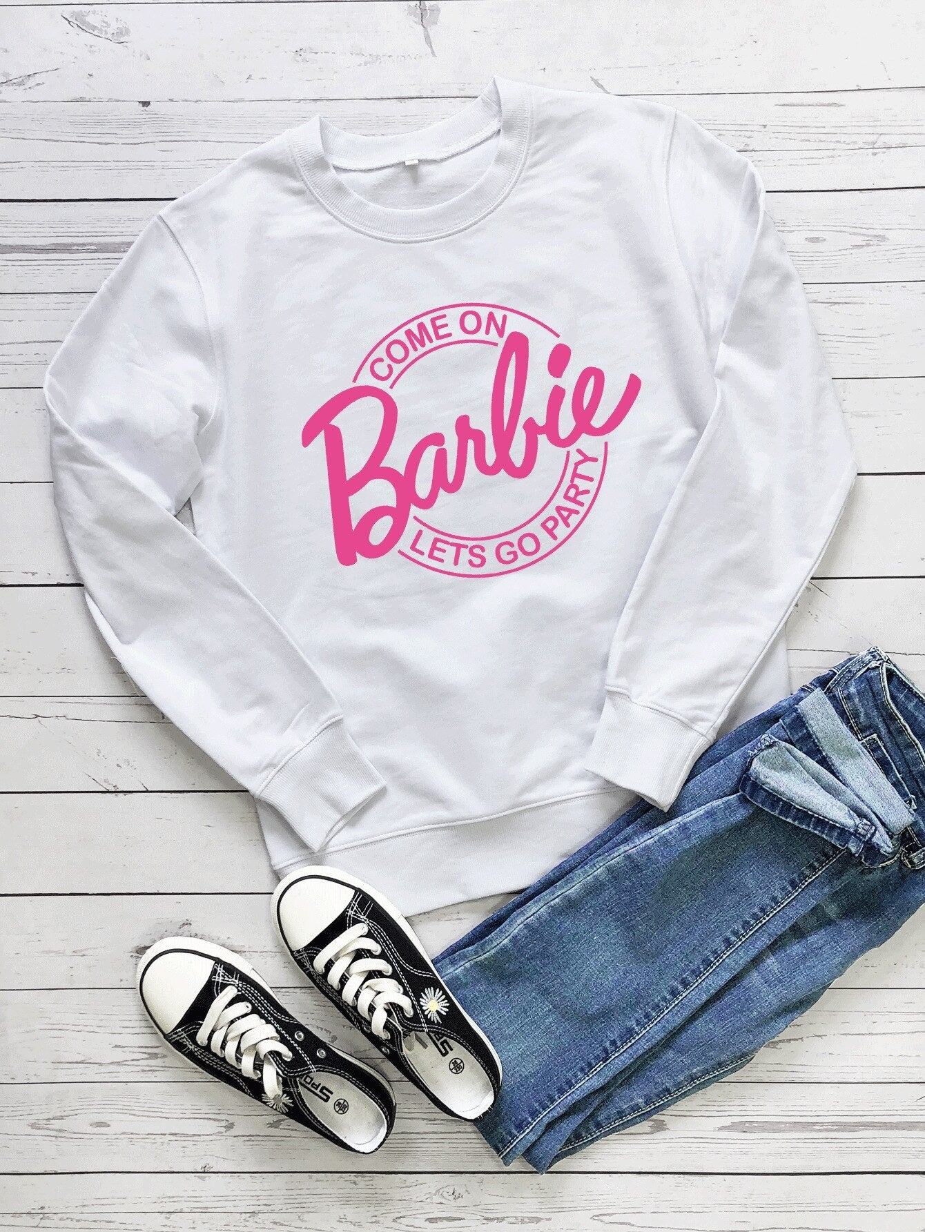 Barbie English Letter Printing Pattern Hoodie Fashion Couple Round Neck Sweater Loose Soft All Match Long Sleeves Tops Gofts white
