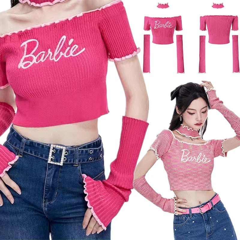 Barbie Fashion Sweet Round Neck Short Sweater Kawaii Girls Slim Fit with Sleeves Neck Cropped Navel One-Shoulder Short Tops Gift