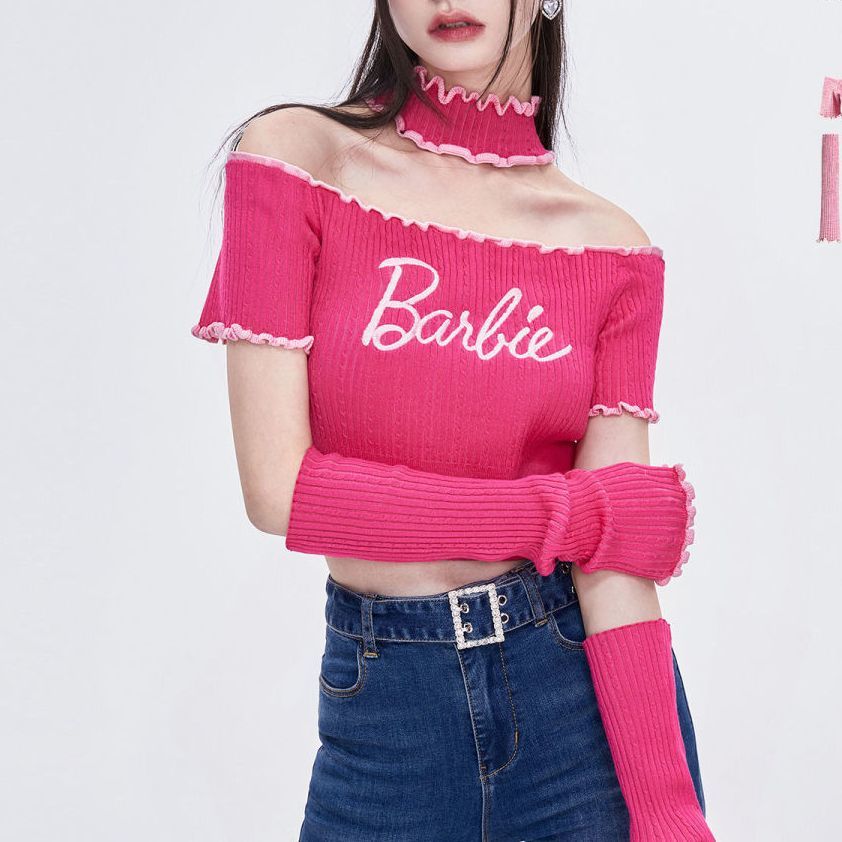 Barbie Fashion Sweet Round Neck Short Sweater Kawaii Girls Slim Fit with Sleeves Neck Cropped Navel One-Shoulder Short Tops Gift meihong