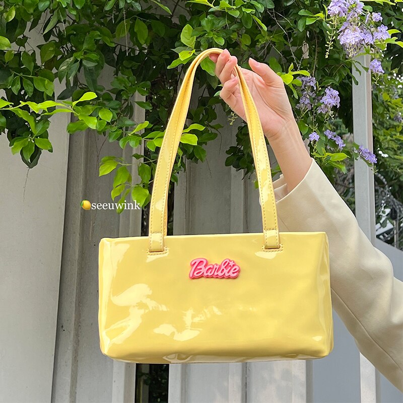 Barbie Girl Shiny Shoulder Bag Female Niche Design Bag 2022 New Handbag Fashion Girls Underarm Baguettes Bags Shopping Tote Bag yellow